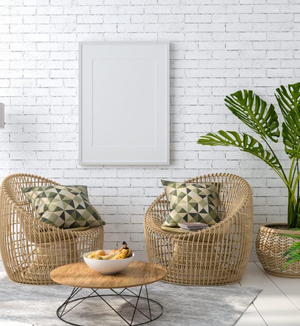 3D illustration, Mockup photo frame on the wall of living room, Interior of comfortable with rattan chair with houseplant and beautiful furniture, rendering